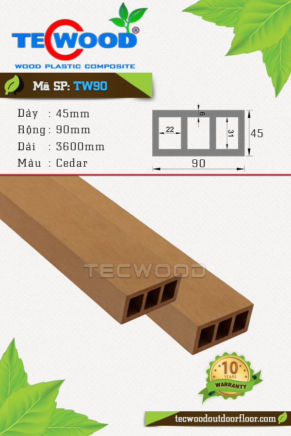 Thanh lam gỗ nhựa TW90 45x90 màu Cedar