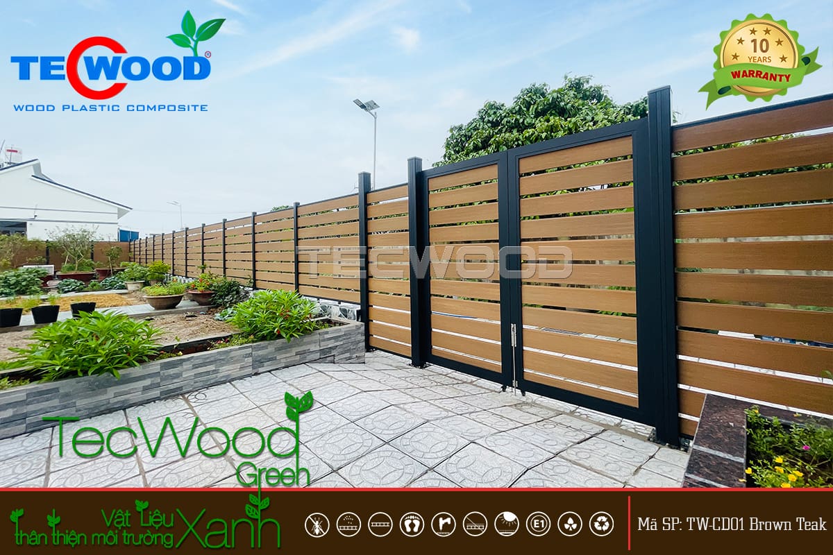 Cổng sẳt gỗ nhựa cho biệt thự sân vườn