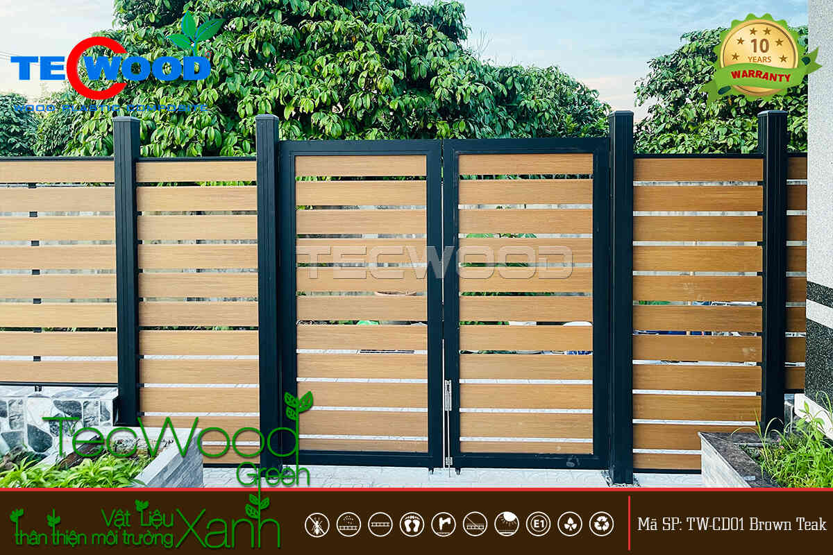 Cổng sắt gỗ nhựa cho biệt thự sân vườn