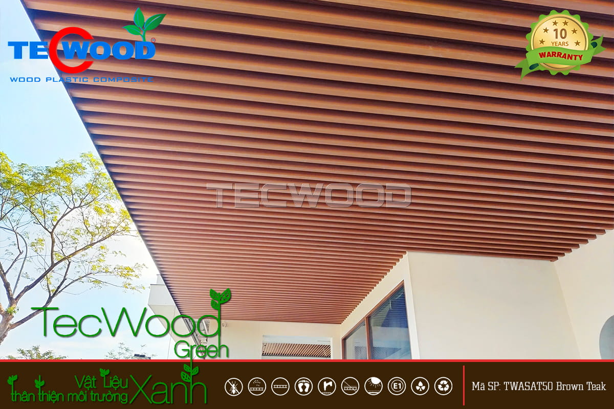 Trần lam gỗ nhựa màu Brown Teak cho khu vực trần ngoài trời