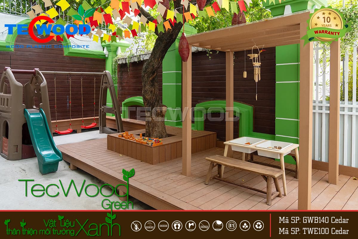 Giàn pergola gỗ nhựa trang trí sân trường mầm non Sơn Ca