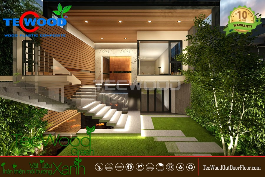 Ốp tường, trần công trình bằng tấm ốp nhựa ASA màu Cedar tươi sáng, hiện đại