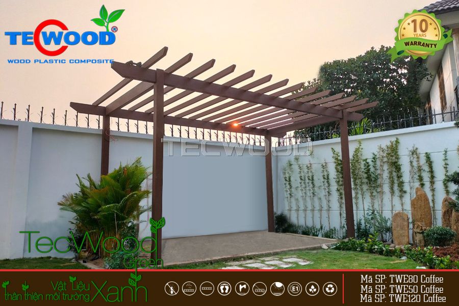 Giàn Pergola gỗ nhựa trang trí quán cafe sân vườn