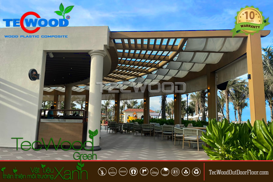 Gián pergola kết hợp vải bạt che nắng quán cafe
