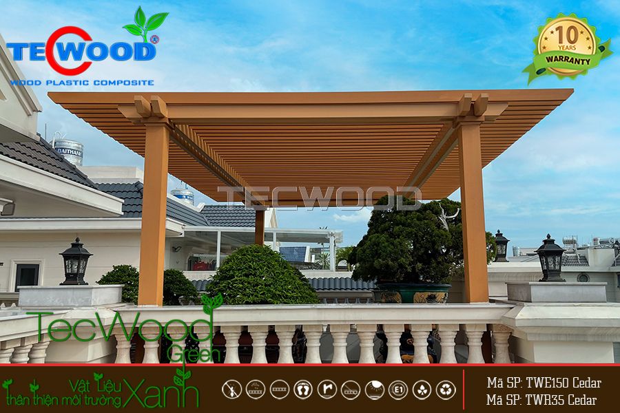 Mái pergola gỗ nhựa che nắng sân thượng