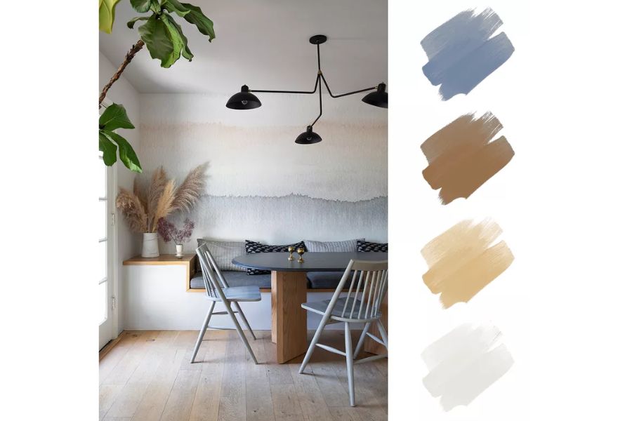 Phối màu gỗ, xanh denim, màu cam nhạt cho không gian nội thất 