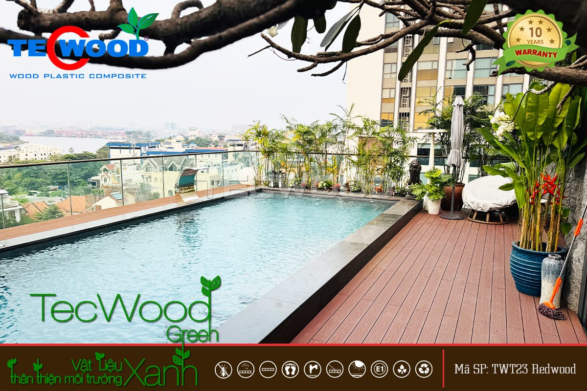 Lót sàn hồ bơi bằng sàn gỗ ngoài trời TW140 màu Redwood