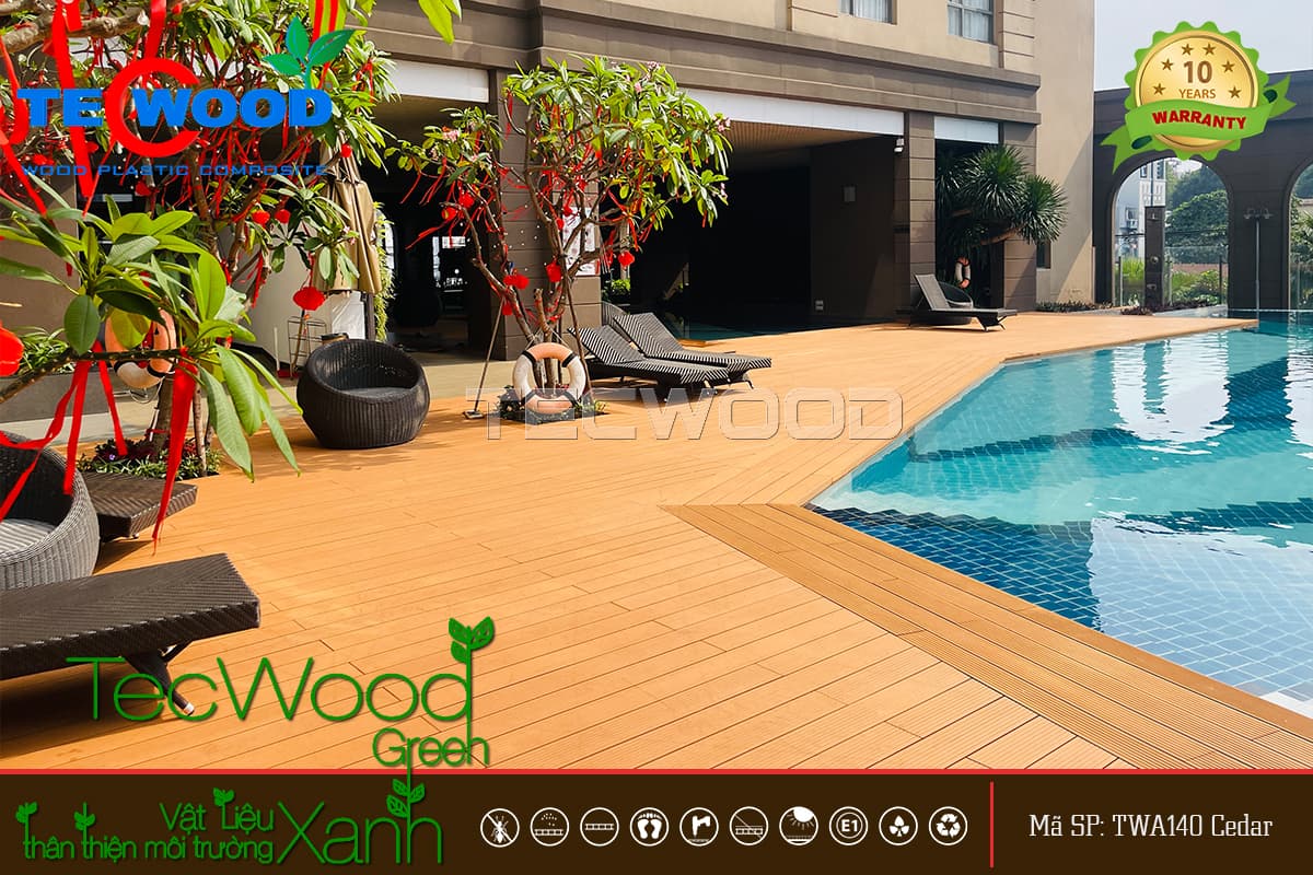 Dự án nổi bật với không gian có hạng mục lót sàn gỗ hồ bơi TecWood Sàn gỗ hồ bơi ngoài trời cho khách sạn cao cấp