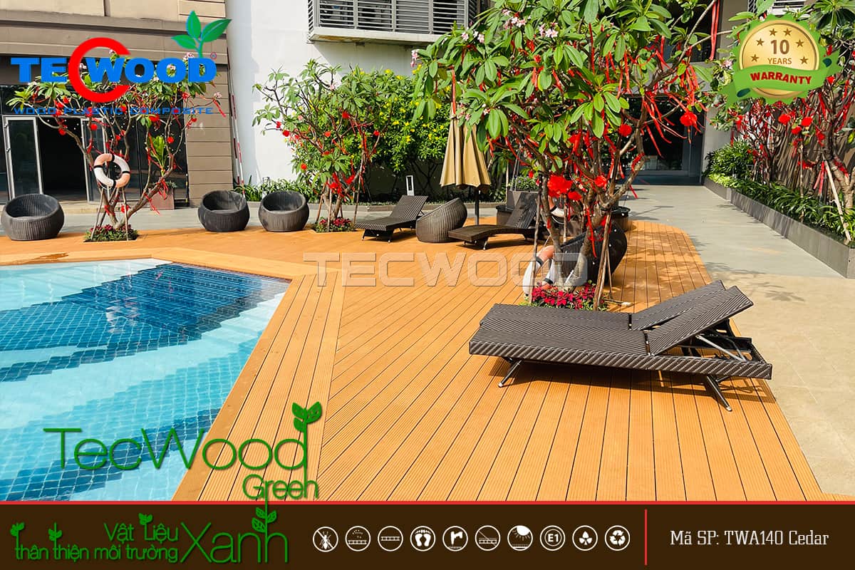 Lót sàn hồ bơi bằng sàn gỗ nhựa TecWood là giải pháp trang trí hàng đầu hiện nay Ván sàn gỗ nhựa cao cấp trang trí hồ bơi khách sạn hiện đại