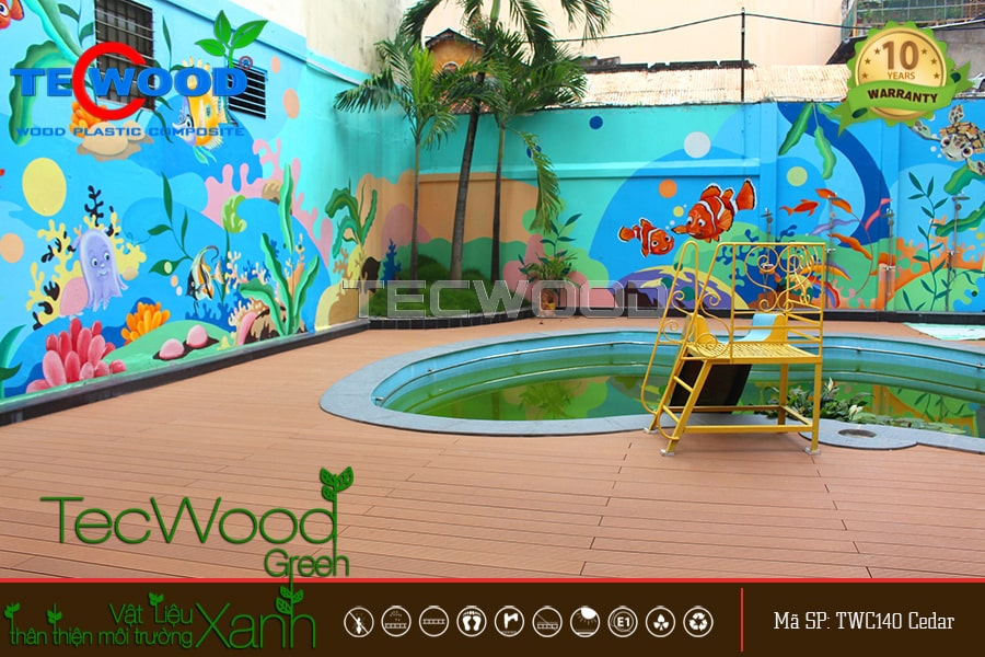 Sàn gỗ nhựa TWC140 màu Cedar lót sàn hồ bơi trường mầm non