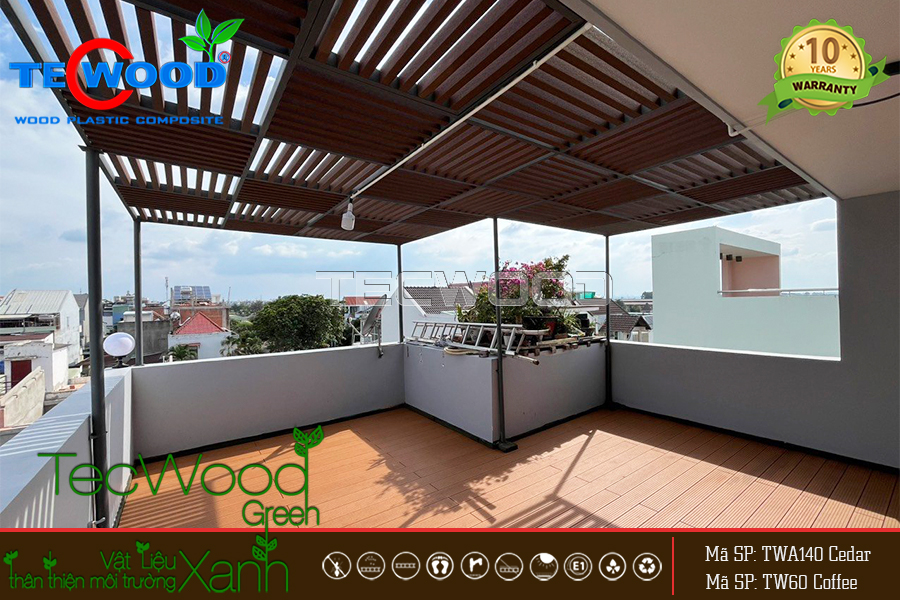 Làm sàn gỗ sân thượng với vật liệu sàn TWA140 màu cedar và hệ lam che nắng