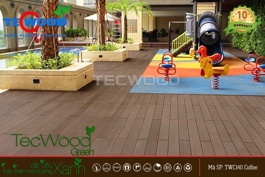 Sàn gỗ nhựa TWC140 màu Coffee được sử dụng để lót sàn khu vui chơi cho trẻ em