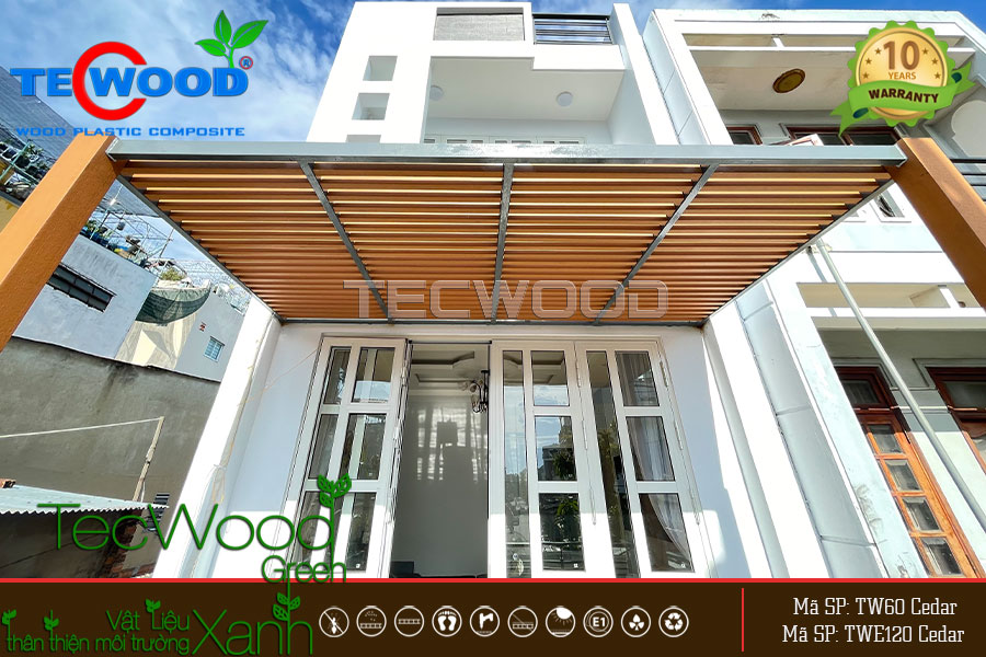 Giàn lam che nắng mặt tiền được làm từ thanh gỗ nhựa TW60 màu Cedar