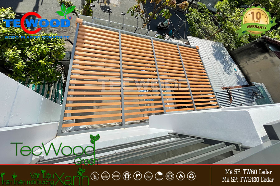 Giàn lam che nắng mặt tiền bằng thanh gỗ nhựa ngoài trời TW60 màu Cedar