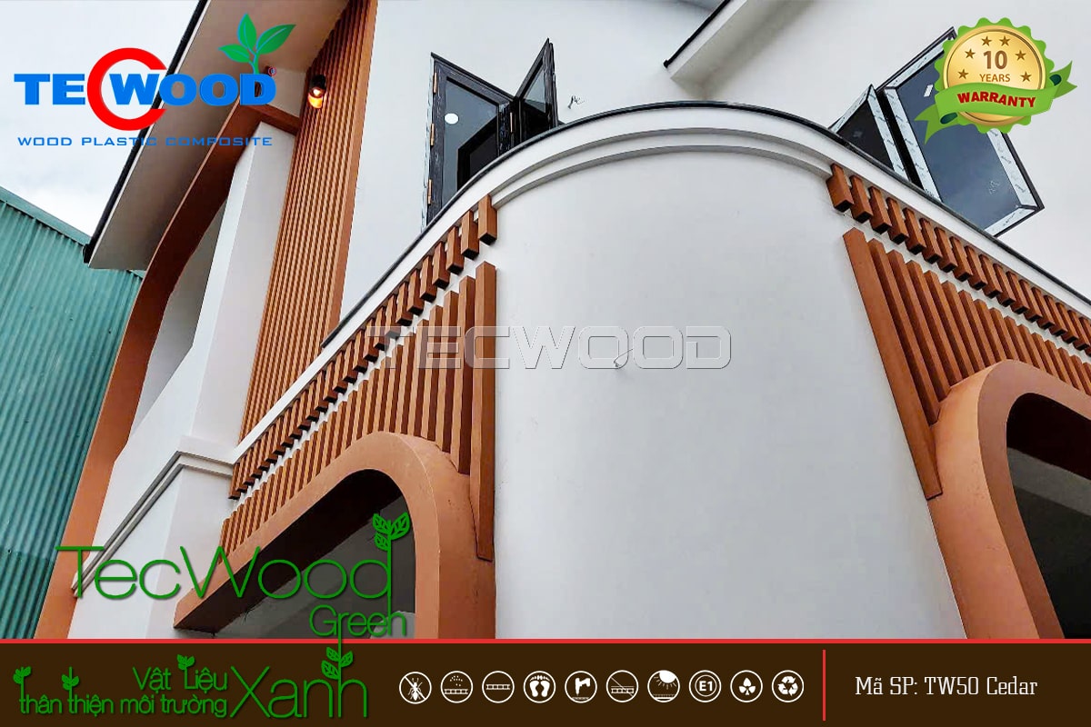 Trang trí mặt tiền công trình với lam gỗ nhựa TW50 màu Cedar