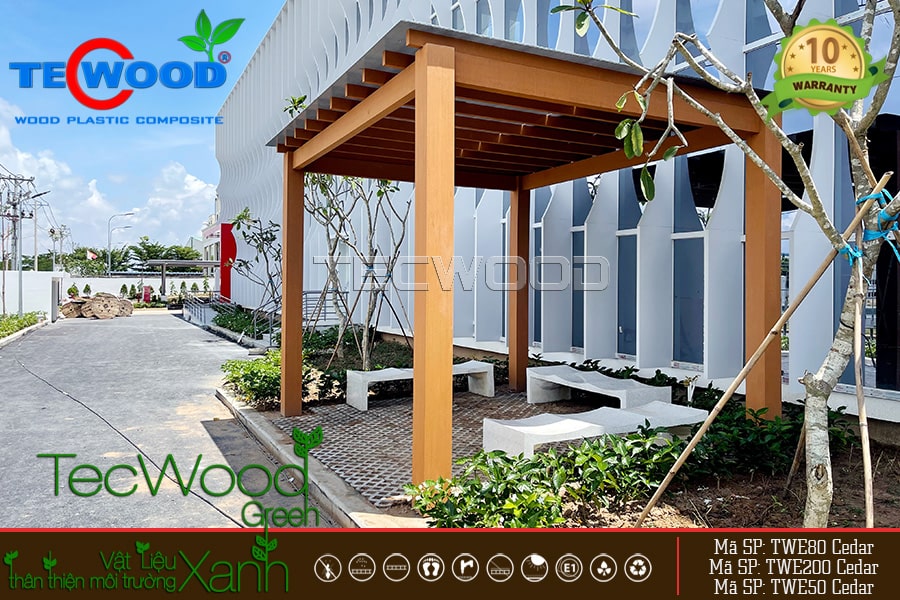 Gàn Pergola gỗ nhựa cho khuôn viên nhà máy với màu Cedar sáng đẹp, hiện đại