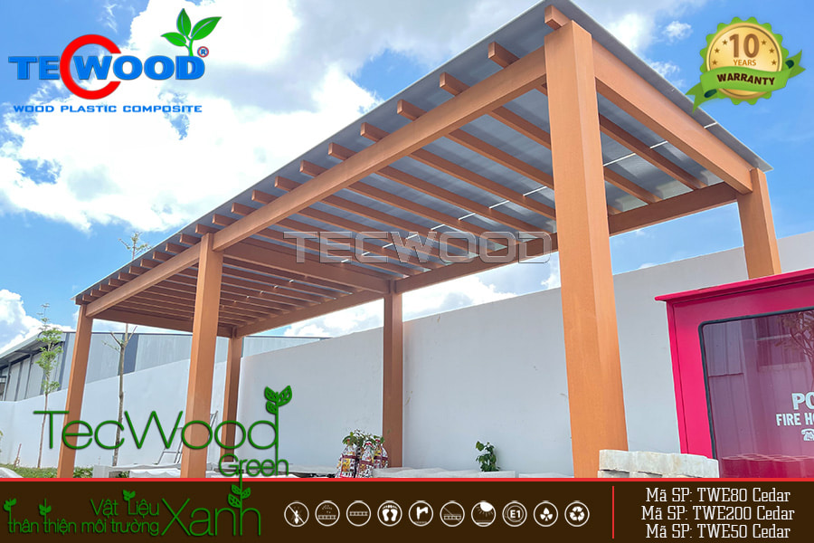 Giàn pergola ngoài trời khuôn viên nhà máy làm bằng thanh gỗ nhựa TWE80 màu Cedar