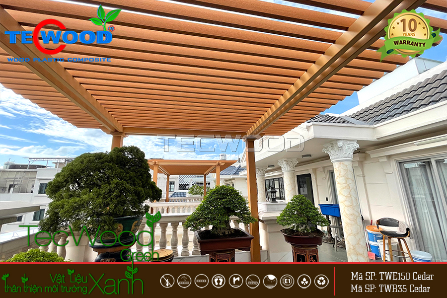 Giàn lam che nắng sân thượng sử dụng giàn lam gỗ nhựa TWR35 màu Cedar