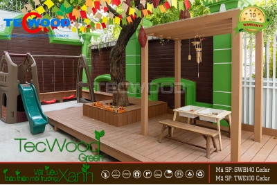 Công trình sàn gỗ nhựa và giàn pergola trang trí sân trường mầm non Sơn Ca