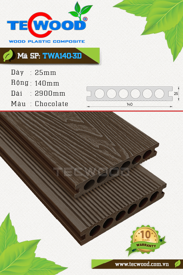Sàn gỗ ngoài trời TWA140-3D màu Chocolate