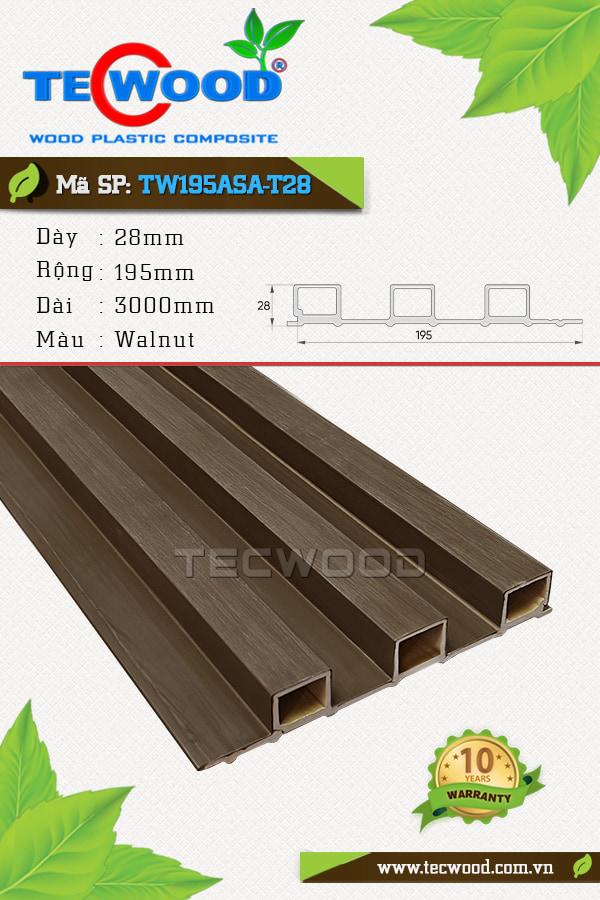 Tấm ốp gỗ nhựa TecWood TW195ASA-T28 màu Walnut