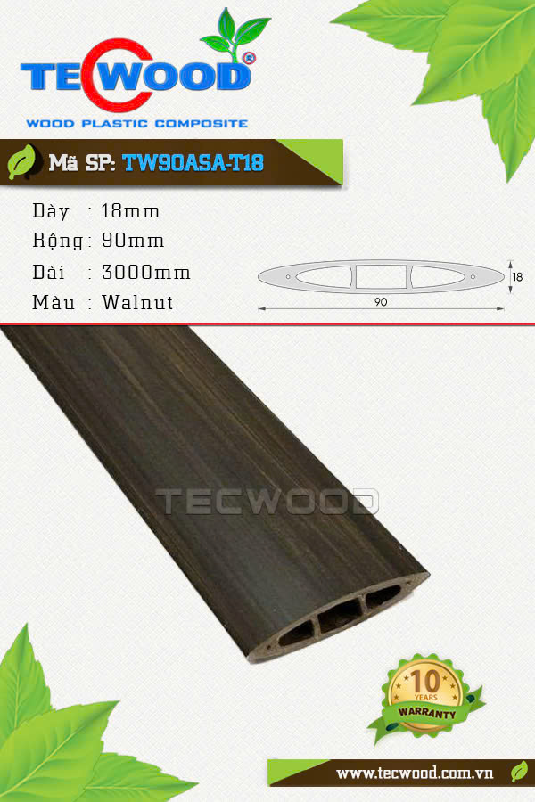 Thanh lam gỗ nhựa TecWood TW90ASA-T18 màu Walnut